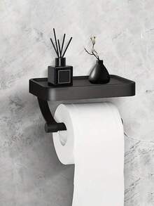 1pc Wall-Mounted Toilet Paper Holder With Phone Storage Shelf, Self-Adhesive No-Drill Waterproof Toilet Paper Rack, Multi-Function Bathroom Storage Shelf For Phone And Small Items, Space-Saving Home And Hotel Bathroom Daily Storage Accessory - Multicolor - View 1