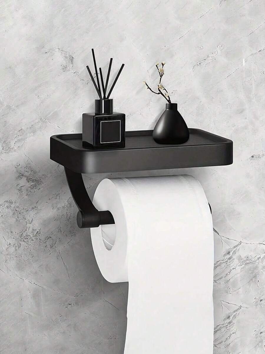 1pc Wall-Mounted Toilet Paper Holder With Phone Storage Shelf, Self-Adhesive No-Drill Waterproof Toilet Paper Rack, Multi-Function Bathroom Storage Shelf For Phone And Small Items, Space-Saving Home And Hotel Bathroom Daily Storage Accessory - Multicolor - View 1