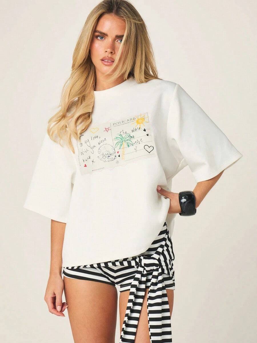 Camiseta de Manga Corta con Cuello Redondo y Estampado Gráfico de Postal en Tamaño Grande, Camiseta Casual para Vacaciones de Verano - Blanco - Ver 1