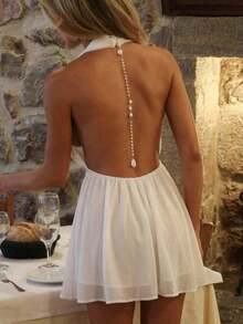 Elegant And Sexy Backless Mini Dress For Women, Stylish White Beach Resort Dress, Summer Beach Outfit - 櫻桃紅 - 查看 2