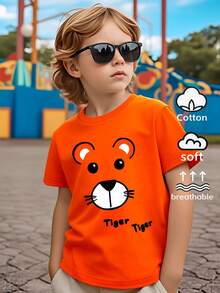Boys' 100% Casual Short-Sleeve T-Shirt With Tiger Face Print – Fun Summer Design, Machine Washable, Regular Fit For Casual Wear, Playful Fashion For Boys, Comfortable Children's Clothing, Fun Print, Breathable Fabric, For Toddlers - 橘色 - 查看 8