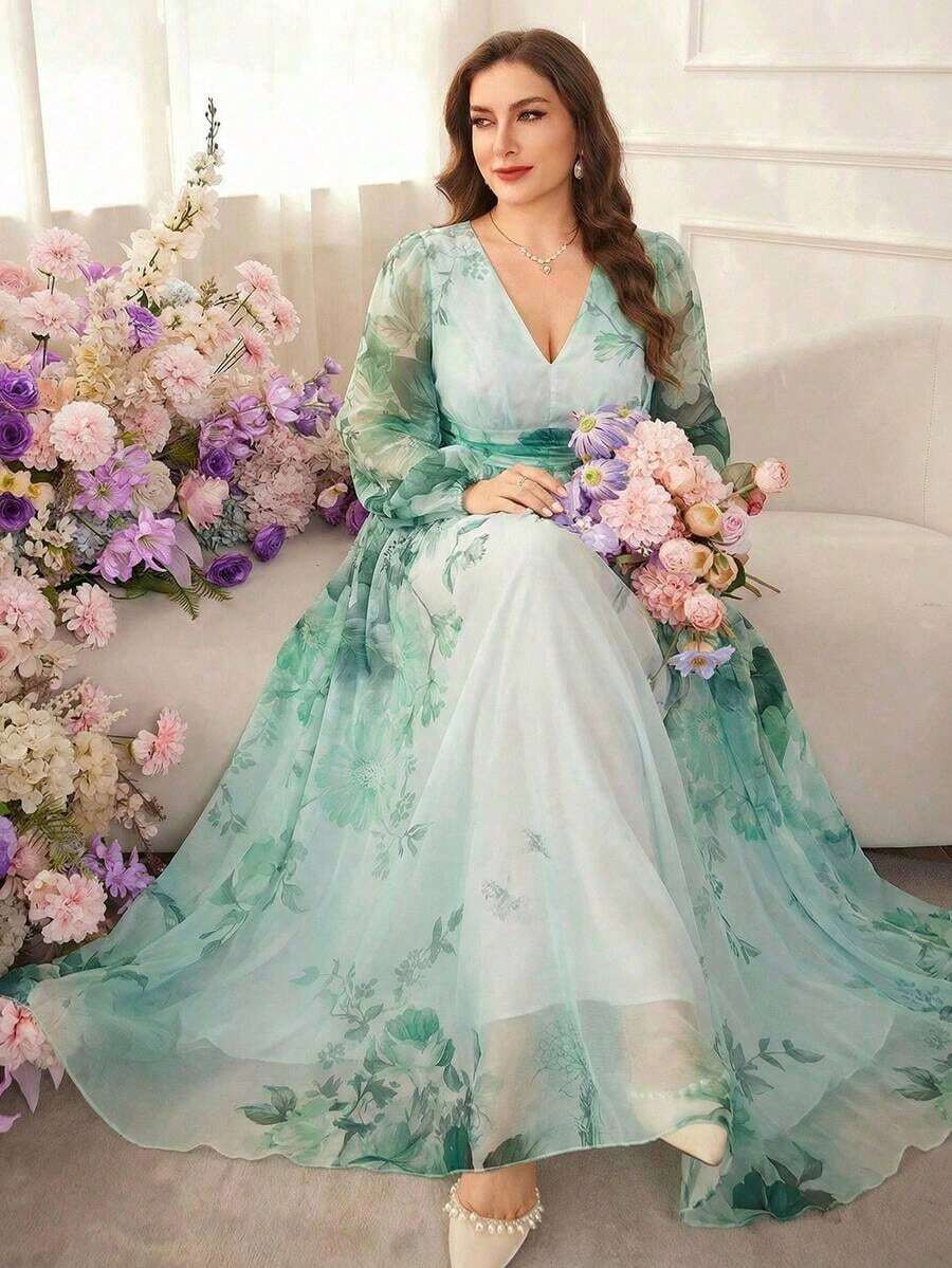 Vestido de línea A con cintura ceñida y estampado floral para mujer de talla grande - Verde - Ver 1