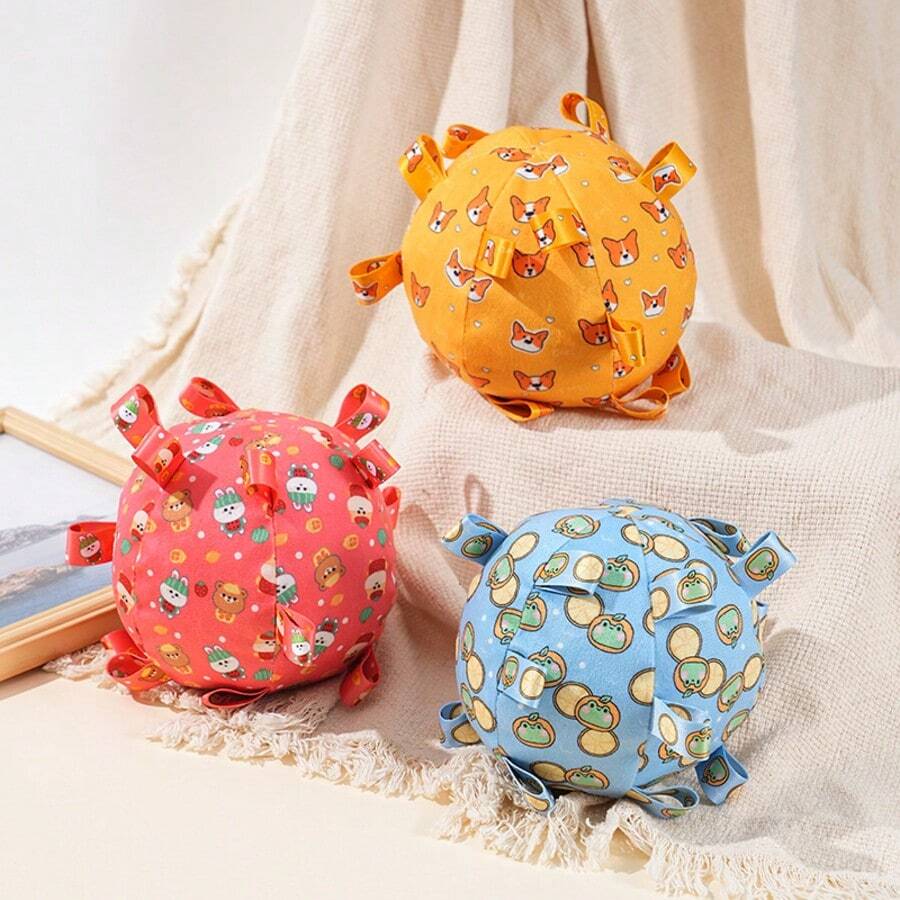 卡通狗狗图案吱吱作响的玩具球,丝带设计互动训练球,耐用耐咬玩具,适合小型/中型犬,室内磨牙,带铃铛 - 彩色 - 查看 1