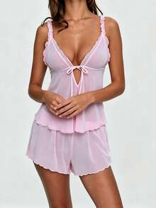 Women's 2pcs Sheer Mesh Sleep Set, Tie Front Deep V Neck Babydoll Cami Top Ruffle Hem Shorts Set - Pink - View 10
