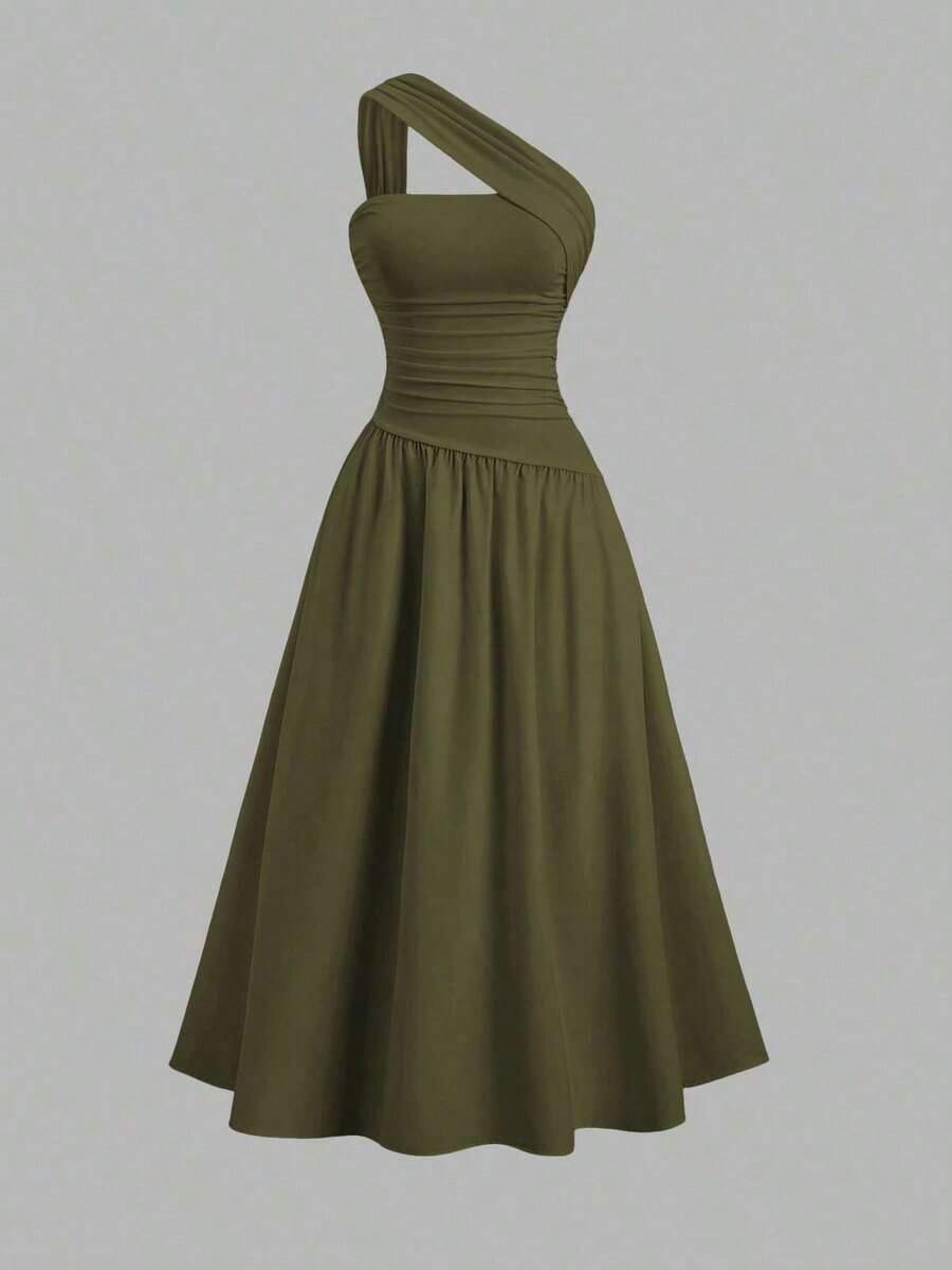 Vestido bandeau ajustado con hombros oblicuos para mujer - Verde Oscuro - Ver 1