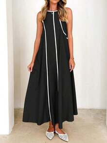 Vestido largo suelto sin mangas de unicolor para mujer, vestidos extra largos con paneles de colores contrastantes - Negro - Ver 5