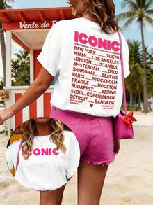 Women's Summer T-Shirt, New Casual Collection. 1 Piece. 100% Cotton, With Round Neck And Short Sleeves, With Casual Slogan Print For Women, White, - 白色 - 查看 4