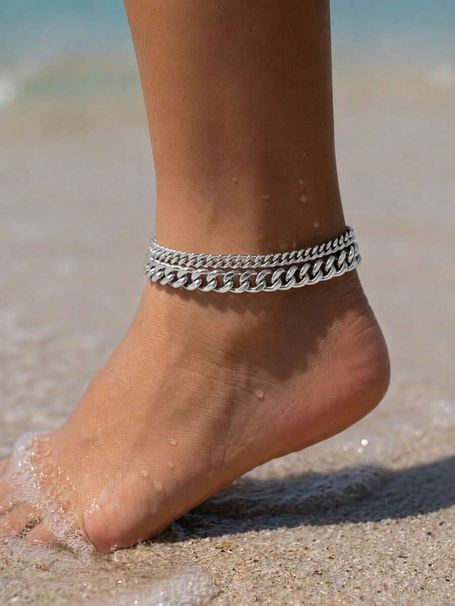 2 piezas/Set Tobillera de cadena multicapa plateada para mujeres, joyería de estilo playa y calle - Plateado - Ver 1