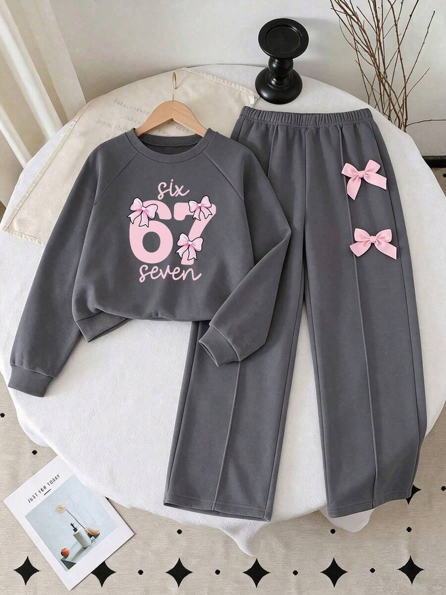Girls Fashion Grey Digital Print Crew Neck Long Sleeve Top And Wide Leg Pants With Bow Decor, Autumn/Winter - Dark Grey - View 1