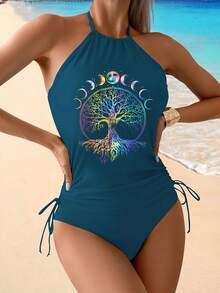 Side Tie Tankini Bathing Suit Modest Halter Tankini Bathing Suit Boho Life Tree Phases Of The Moon Vintage 2pcs Tankini Set Summer Drawstring Halter Neck Tummy Control Tankini Swimsuits 0EBR - 紅色 - 查看 10