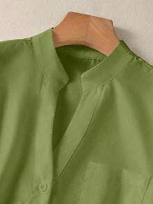 Camisa de mujer de unicolor con cuello en V y botones - Blusa casual y elegante de manga larga con detalle de bolsillo, adecuada para vacaciones, viajes y uso diario, artículo esencial para primavera, verano, otoño e invierno Rojo - Verde - Ver 5