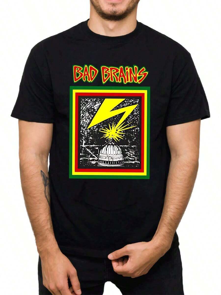Men's Printed T-Shirt Made Of Soft Cotton, Vibrant Graphic Design With Vivid Colors And Eye-Catching Lightning Bolt, Modern Casual Style And Comfortable For Everyday Wear - 黑色 - 查看 1