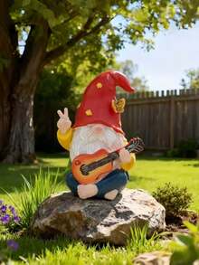 1pc Charming Resin Guitar Playing Gnome Statue, 1pc Hippie Style Garden Gnome, 1pc Outdoor Garden Gnome Decor With Peace Sign, Suitable For House, Lawn, Yard And Porch, Ideal Gift For Friends And Family - Multiple Styles - View 8