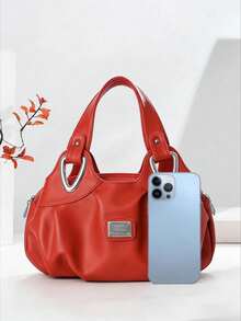 1pc Solid Color Versatile PU Leather Tote Shoulder Bag, Suitable For Daily Life And Work - Red - View 6