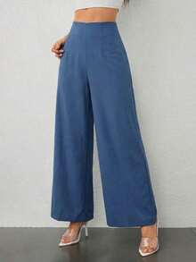 PETITE Pantalones de pierna ancha de textura de cintura alta, de estilo casual y sencillo, apropiados para ir a la escuela o para ir y venir al trabajo - Niebla azul - Ver 7