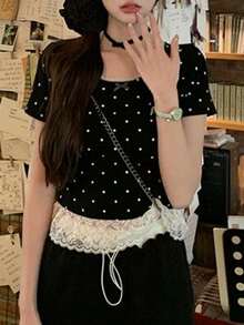 Ins French Style Gentle Polka Dot Short Sleeve T-Shirt Women Summer Cropped Design Spliced Lace Bow Elegant Top Black Casual - Black - View 1