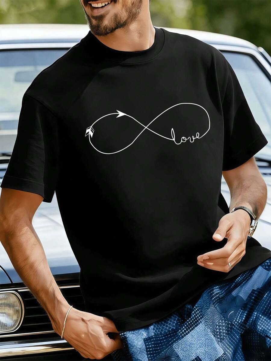 Camiseta gráfica Infinity Love para hombre, algodón suave, corte holgado, transpirable, estilo hip-hop urbano, dise?o gráfico. - Negro - Ver 1