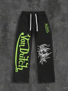 Vons Dutches Street Printed Straight Leg Jeans, Motorcycle Racing, Street Wear, Make The Most Unique Yourself, Men's Pants, Summer New Products, Father's Day Gifts, Suitable For Daily Travel And Outdoor Sports, Hip-Hop, Streetwear, Rock, Y2K - màu đen - Xem 2