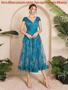 New Arrival, V-Neck, Elegant, Evening Gown, Satin Ribbon, Short Sleeve, Mini Dress, Suitable For Evening Party - Teal Blue - View 6