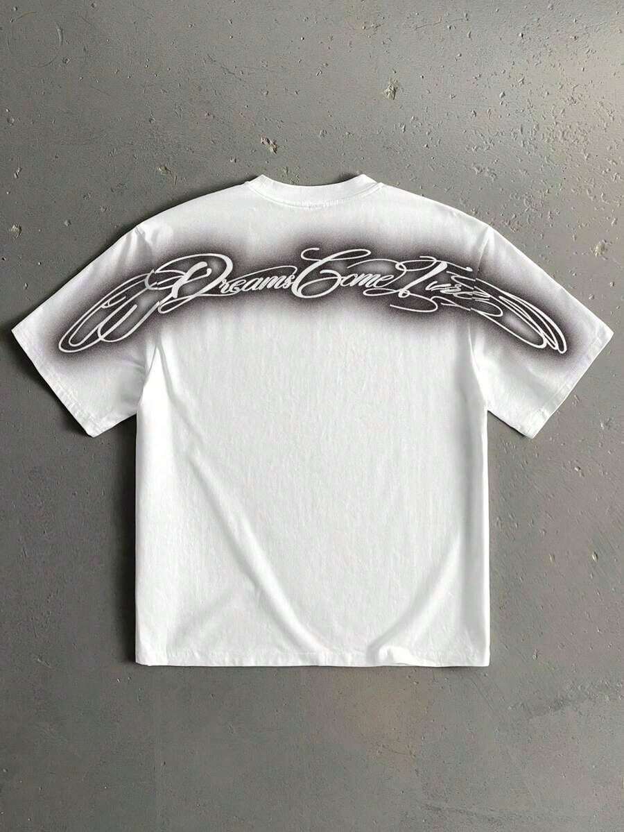 Manfinity Roghcode Camiseta de manga corta holgada de ajuste estándar para hombre con estampado de fuente manuscrita curva, esencial para citas y reuniones, atuendo de moda, adecuado como regalo para el novio - Blanco - Ver 1