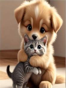 1 Set 30-40 Inch Unframed 5D Diamond Painting DIY Small Dog Hugging Cat, Home Decor, Surprise Gift - Multicolor - View 19