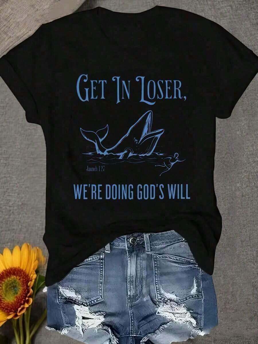 Camisetas de Verano 100% Transpirables para Mujer, Ajuste Cómodo, Cuello Redondo, Corte Holgado | "Entra, Perdedor, Estamos Haciendo la Voluntad de Dios" Frase Divertida y Gráfico de Ballena para Eventos Grupales y Humor Cristiano Moderno | Estilo casual, corte regular, manga corta, tela ligeramente elástica, camiseta gráfica para mujer "Easter Fits", regalo para el Día de la Madre, camiseta unisex de fútbol de EE. UU. de corte holgado, camiseta para el día del partido de la Copa Mundial, camiseta gráfica divertida de corte holgado para mujer. Ropa de Verano para Mujer: Camiseta Estampada de Estilo Retro, Unisex, Perfecta para Vacaciones, Fiestas y Regalos. Ropa de Verano Holgada y Cómoda. - Negro - Ver 1