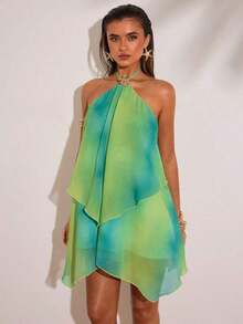 Women's Casual Mini Dress With Spaghetti Straps, Open Back, Ruffles, And An Asymmetrical Hem In A Green Ombré Effect. Perfect For Beach Vacations, Spending Time With Sisters, Or Everyday Wear. A Stylish Green Ombré Mini Dress. - 深灰色 - 查看 6
