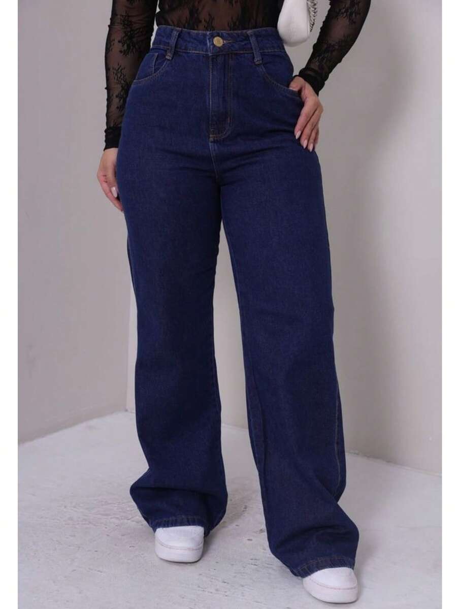 Women's Wide Leg Pants - Comfortable, Casual, Versatile, Stylish, Modern, Blogger Quality - 中等水洗藍 - 查看 1