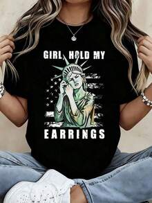 Women's White Summer T-Shirt With Statue Of Liberty Print And The Phrase "Girl, Hold My Earrings" - Urban Casual Clothing For Daily Use, Travel And Fun Outings. - 黑色 - 查看 1