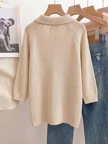 Áo len dệt kim nữ tay dài dáng rộng kiểu casual cổ polo, phù hợp thời trang xuân/hè, mặc đi làm văn phòng và đi du lịch - Màu be - Xem 2