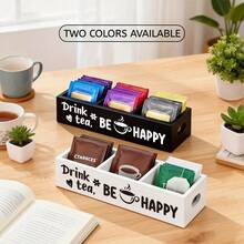 Esta caja de almacenamiento de bolsitas de té tiene tres compartimentos, mejorando la experiencia de tomar té. Diseñada para entusiastas del té, es una caja de madera con dos asas laterales, muy adecuada para colocar en el mostrador de la cocina o la despensa. - Multicolor - Ver 3