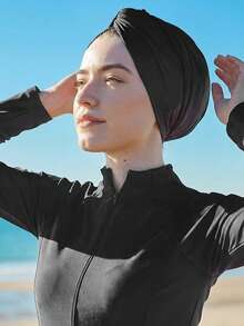 1 pieza Hiyab musulmán para nadar en la playa en verano, gorro de natación rectangular de unicolor, adecuado para mujeres - pañuelo negro para la cabeza - Ver 3