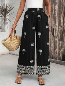 Pantalones anchos de pierna ancha con bolsillo y estampado de palmeras para mujer - Negro - Ver 3