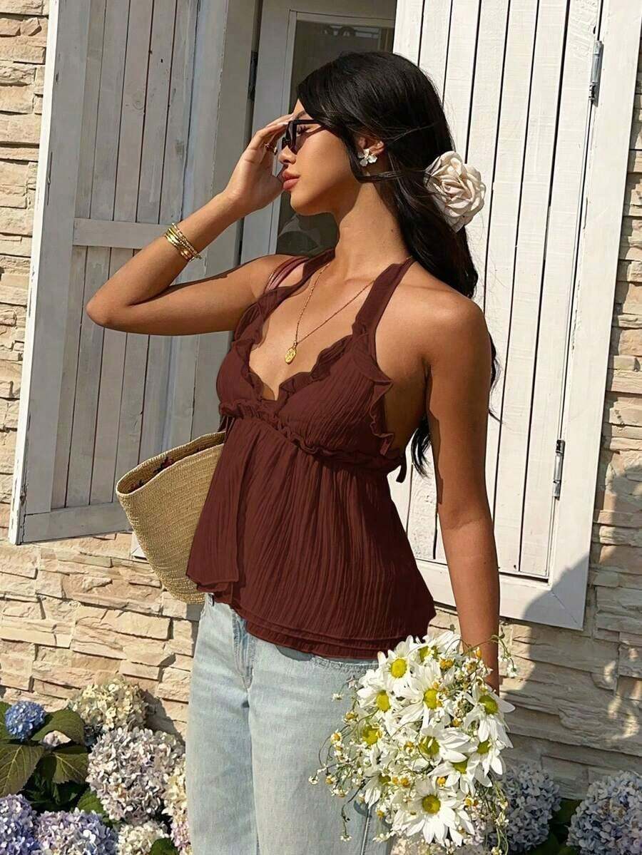 Top de tirantes con cuello halter y volantes de unicolor para mujer - Marrón - Ver 1
