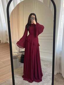 Summer Dresses For Women,Fashionable Slim-Fit Pure Desire Style High-End Round Neck Long Sleeve DressLoose And Comfortable Vestidos Elegantes De Mujer - 酒紅色 - 查看 5