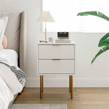 Mesa de noche moderna blanca con 2 cajones y patas metálicas doradas – Diseño compacto y elegante – Almacenamiento vertical para dormitorio, salón o entrada - Blanco - Ver 7