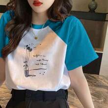 Women's Short-Sleeved T-Shirt In Pure Cotton With Color Blocks, A New Loose And Versatile Blouse For Spring And Summer. - 藍色袖 水瓶花朵 - 查看 2