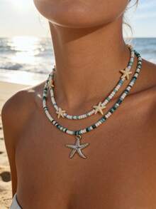 2pcs Boho Versatile Alloy Starfish Pendant Turquoise Beaded Necklace, Suitable For Daily, Beach, Travel Matching - Blue - View 5