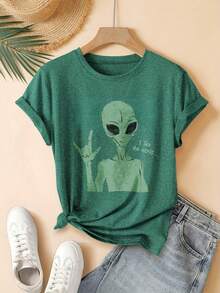 Alien Making Peace Sign With Digital Print Text Short Sleeve Unisex Pure Cotton Loose And Comfortable - 綠色 - 查看 7