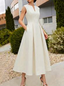 Solid Color Minimalist Hollow Out Slit V-Neck Sleeveless Waist-Cinching Midi Dress, Elegant Style - Beige - View 7