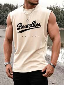 Tank Top Tanpa Lengan Leher Bulat Pria, Rompi Rumahan Kasual dengan Cetakan Huruf, Warna Aprikot - Aprikot - View 4