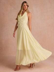 Vestido con cuello drapeado y decoración floral 3D para mujer - Amarillo - Ver 1