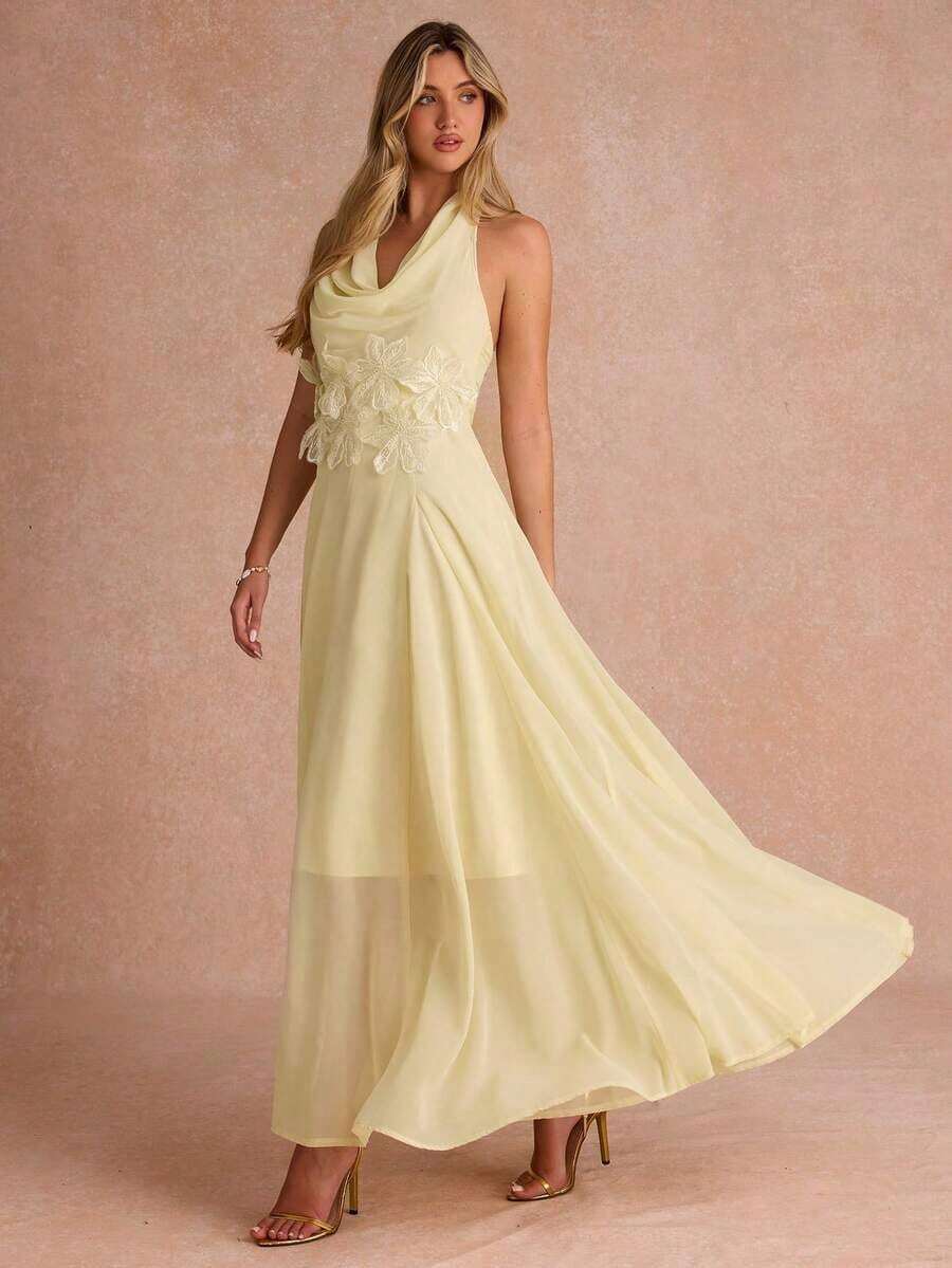 Vestido con cuello drapeado y decoración floral 3D para mujer - Amarillo - Ver 1