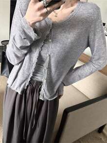 女士春夏新款蕾丝拼接花卉饰边柔软针织开衫轻薄外套 - 淺灰色 - 查看 2