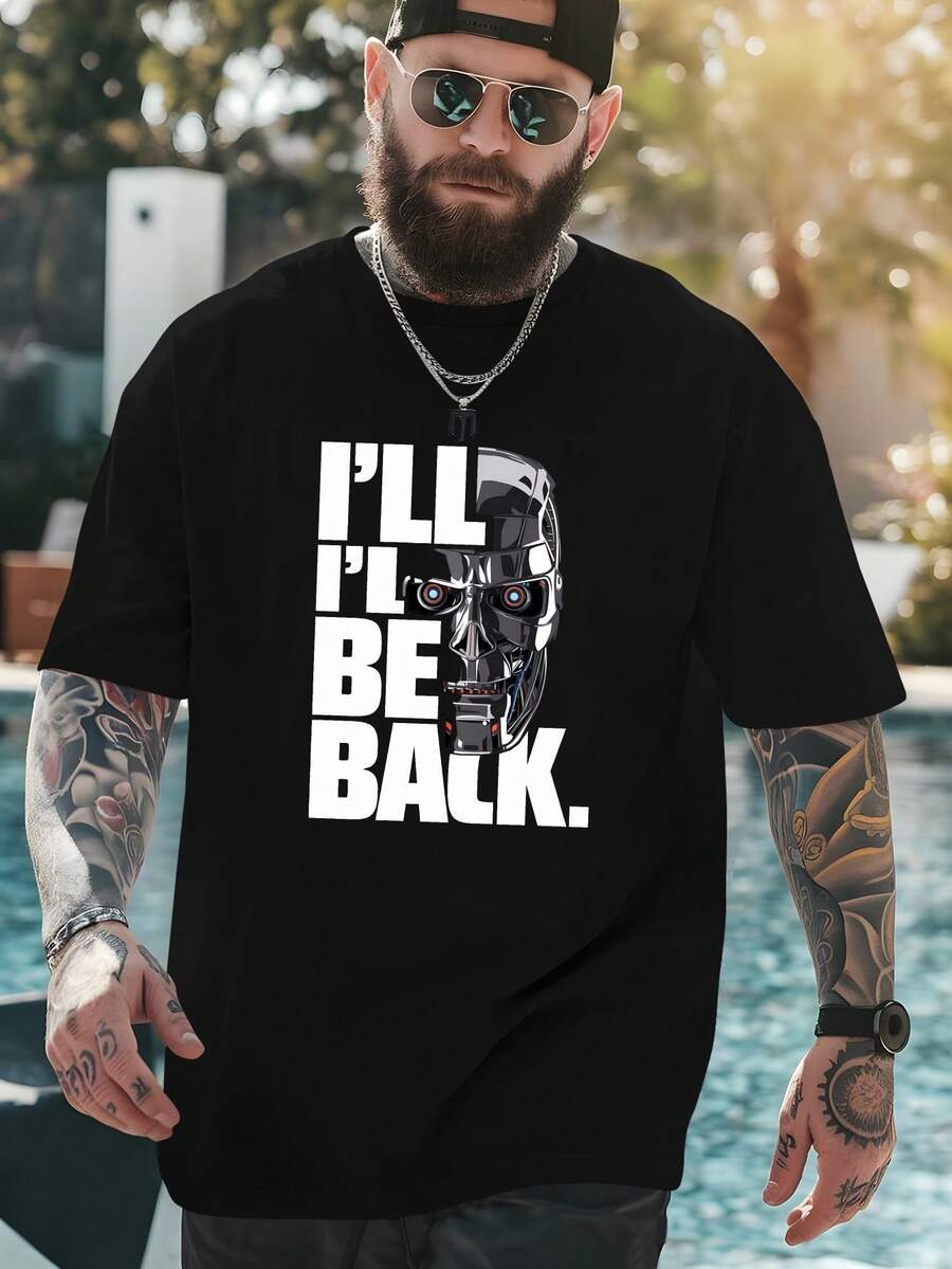 Camisetas y camisas para hombre con la icónica frase del Terminator 'I'Ll Be Back', ideales para actividades al aire libre y uso casual. Estas últimas camisetas estampadas de estilo libre vienen en tallas grandes, ofreciendo un corte holgado hechas de material cómodo y transpirable. - Negro - Ver 1