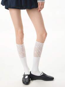 1 Pair Black Lace Trim Knee High Socks, Fashionable Lolita Ballet Style Socks For Spring/Summer, Suitable For Boots & Leather Shoes - Multicolor - View 5