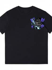 Black T-Shirt With Anime Graphic Design: Hero, Lightning Bolt, Gear Five, Japanese Manga Style, Purple Lightning Bolt. Perfect Aesthetic Design For Comic Conventions, Urban Fashion Fans, And Casual Summer Wear. - 黑色 - 查看 4