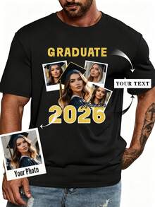 Custom Plus Size Men's Personalized Loose Fit T-Shirt, 2026 Graduation Custom T-Shirt - Multi-Image DIY Print, Exclusive Personalized Style Sports - Black - View 1