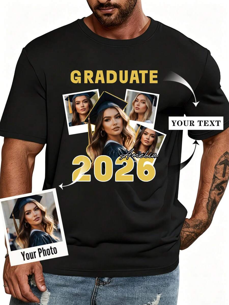 Custom Plus Size Men's Personalized Loose Fit T-Shirt, 2026 Graduation Custom T-Shirt - Multi-Image DIY Print, Exclusive Personalized Style Sports - Black - View 1