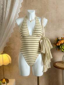 Traje de baño de dos piezas con estampado de lunares, escote asimétrico y espalda descubierta, atuendo de vacaciones en la playa para el verano - Marrón Chocolate - Ver 3